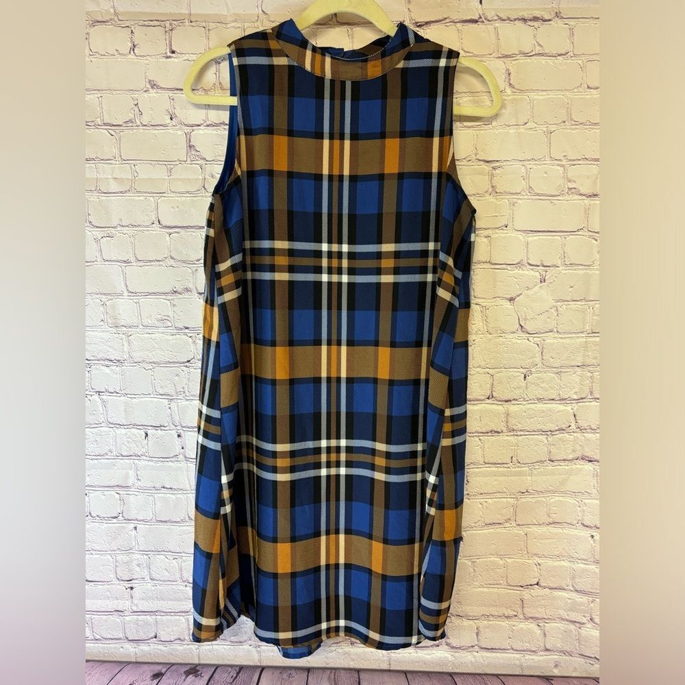 Sandy & Sid Gold Royal Blue Plaid Schoolgirl Mock Neck Sleeveless Lined Dress L